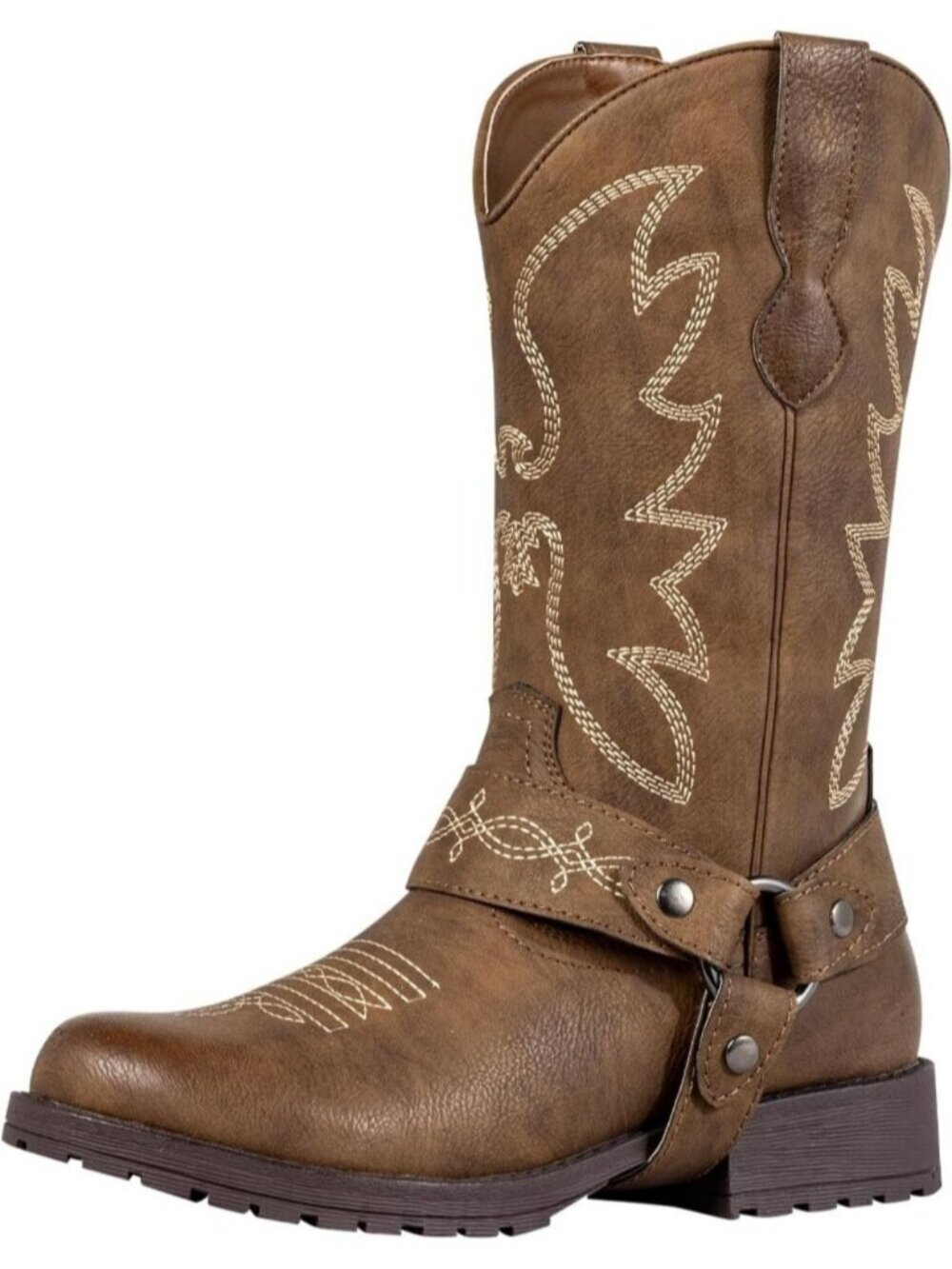 Women's Brown Round Toe Western Cowgirl Boots Mid Calf Retro Pull On Block Heels